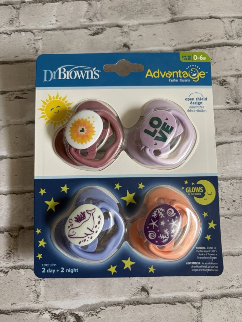 Dr Brown’s Advantage Pacifiers Set Of 4 Glow In The Dark 0-6mo NWT